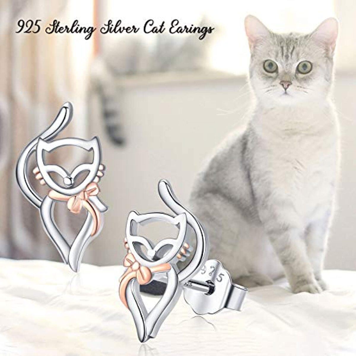 Sterling Silver Two-tone Cat Stud Earrings-5