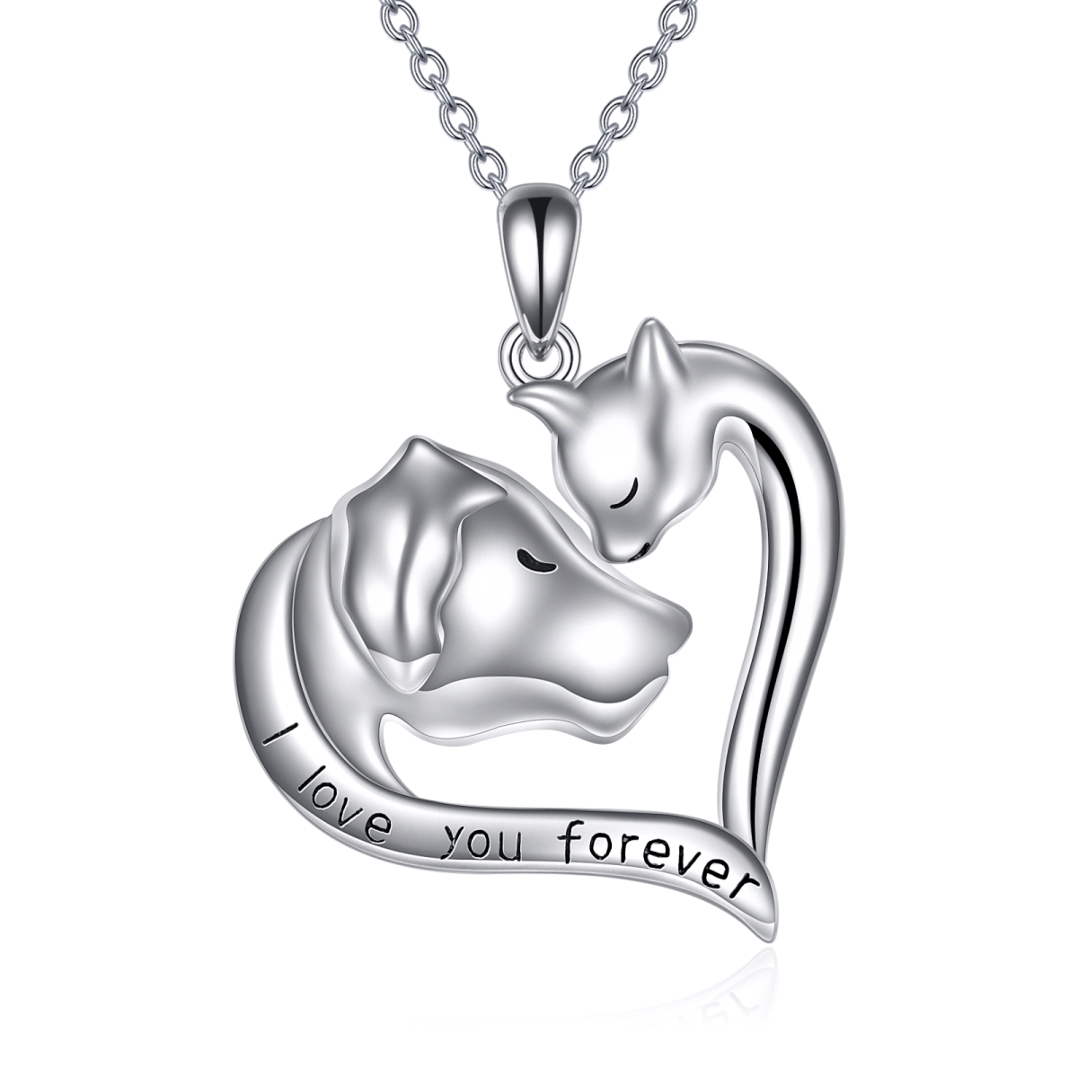 Collier en argent sterling avec pendentif chat et chien avec mot gravé-1