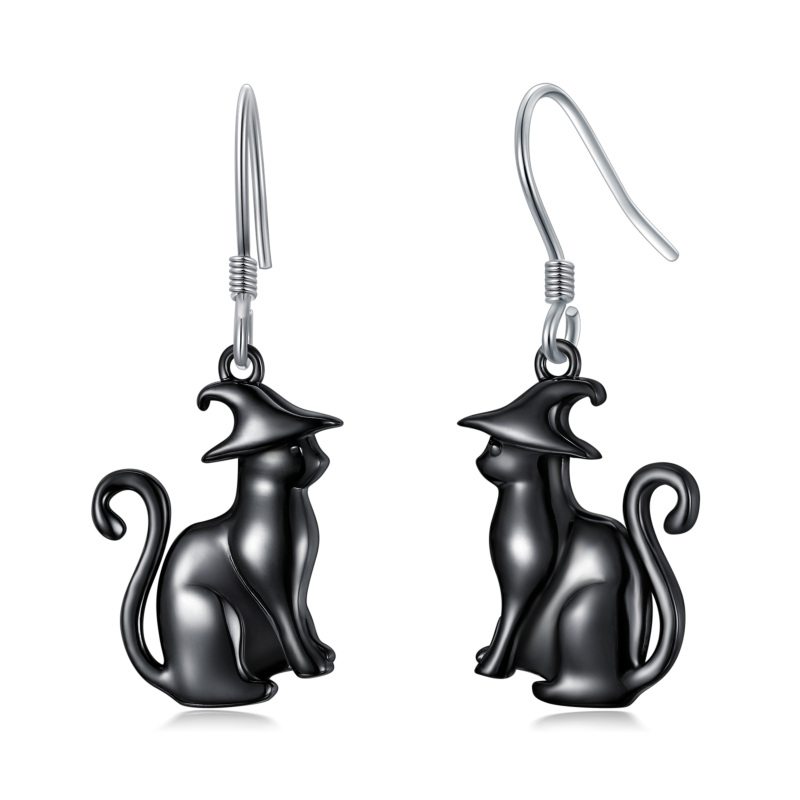 Sterling Silver Cat Drop Earrings-6