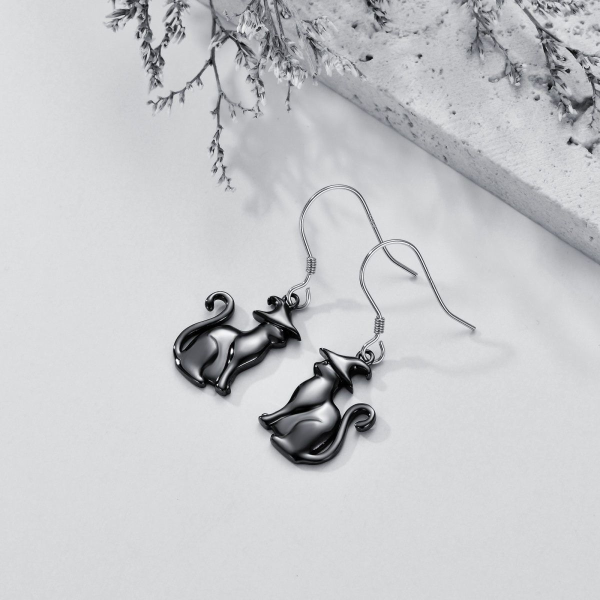 Sterling Silver Cat Drop Earrings-5