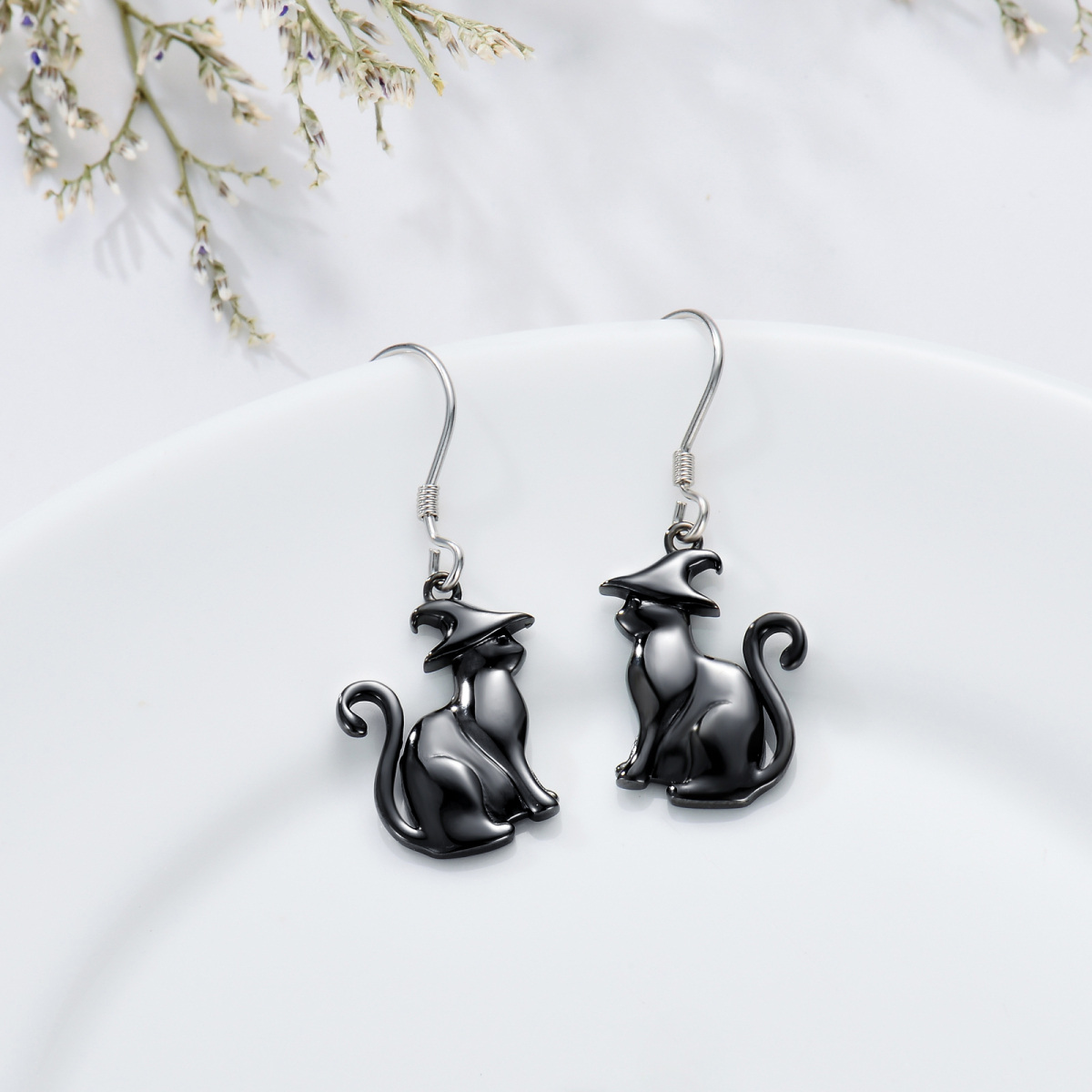 Sterling Silver Cat Drop Earrings-6