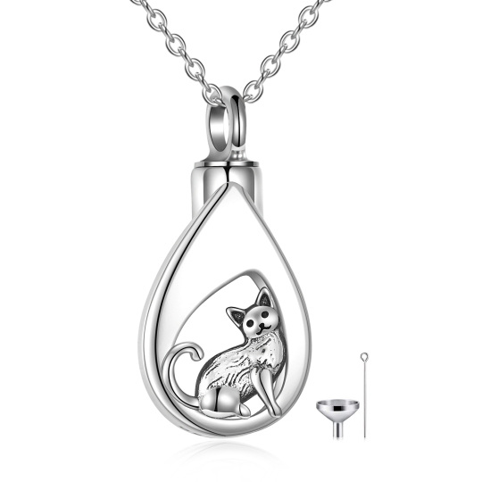 Sterling Silver Cat & Drop Shape Urn Necklace for Ashes