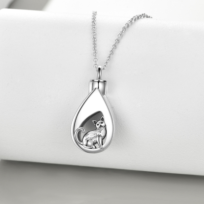 Sterling Silver Cat & Drop Shape Urn Necklace for Ashes-3