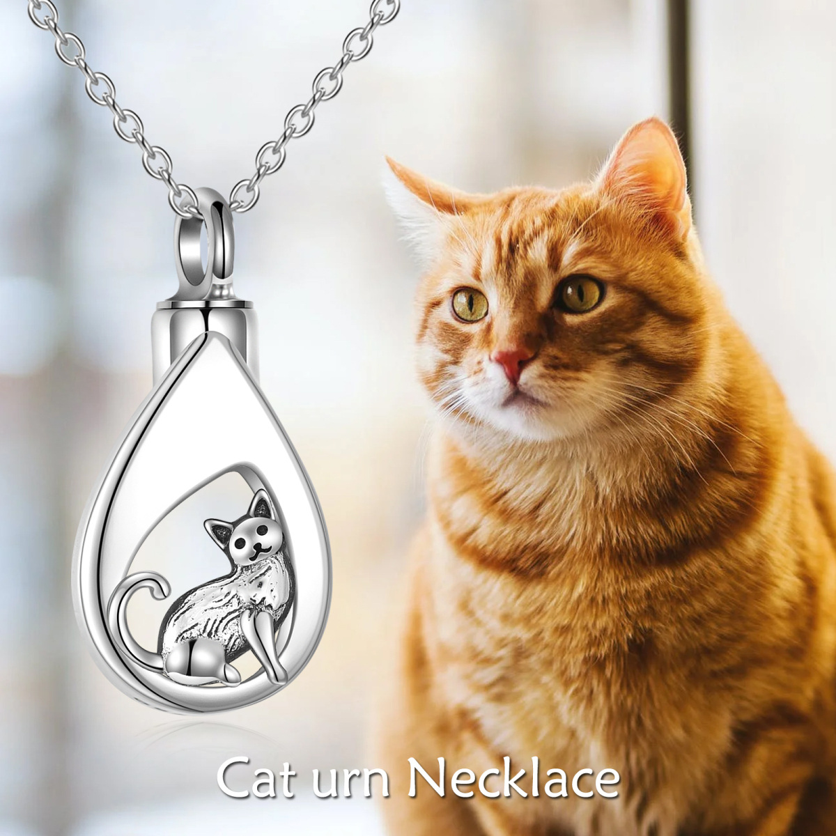 Collar de urna con forma de gota de gato de plata de ley para cenizas-5