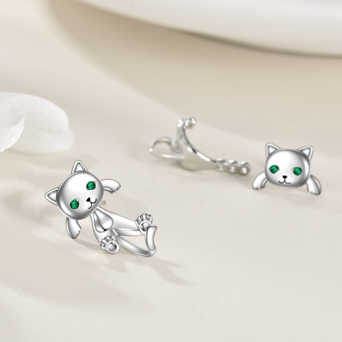 Sterling Silver Cubic Zirconia Cat Earring Sets-4