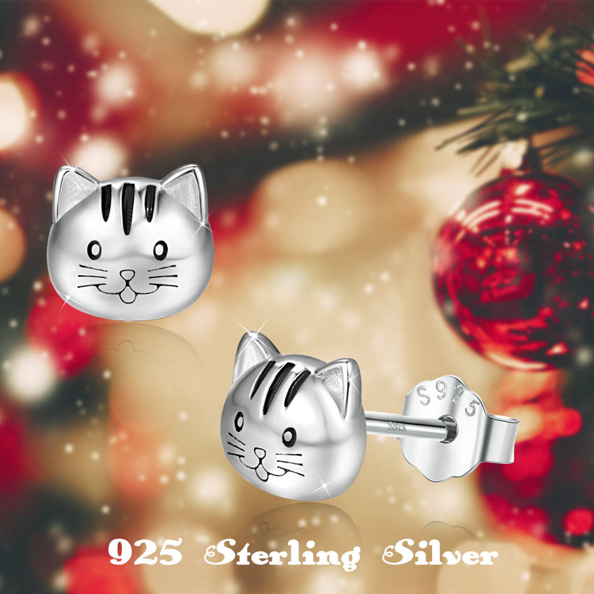 Sterling Silver Cat Stud Earrings-6