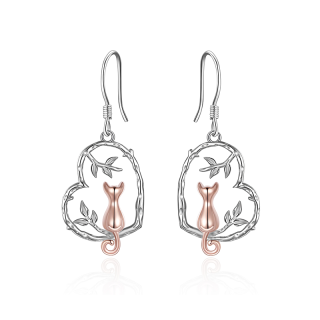 Sterling Silver Two-tone Cat & Ivy & Heart Drop Earrings-60