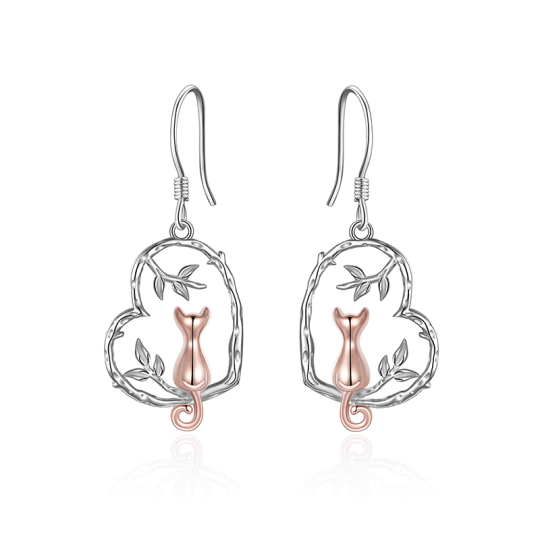 Sterling Silver Two-tone Cat & Ivy & Heart Drop Earrings