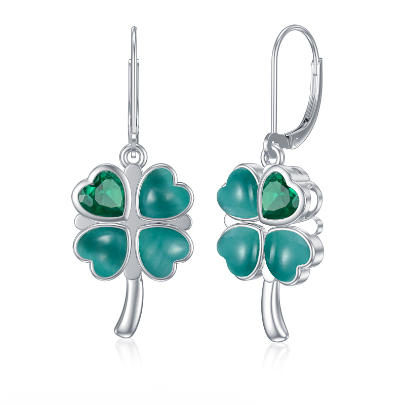 Sterling Silver Cat's Eye Stone & Cubic Zirconia Four Leaf Clover Lever-back Earrings-1