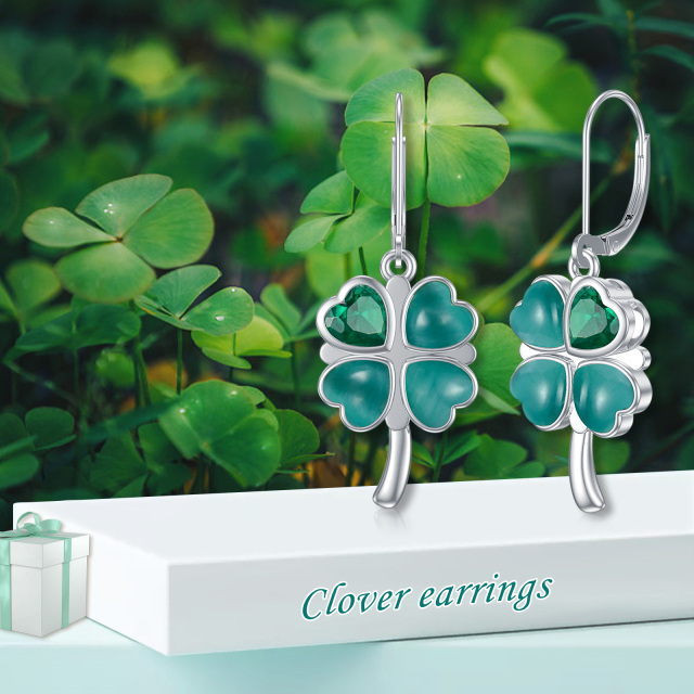 Sterling Silver Cat's Eye Stone & Cubic Zirconia Four Leaf Clover Lever-back Earrings-6