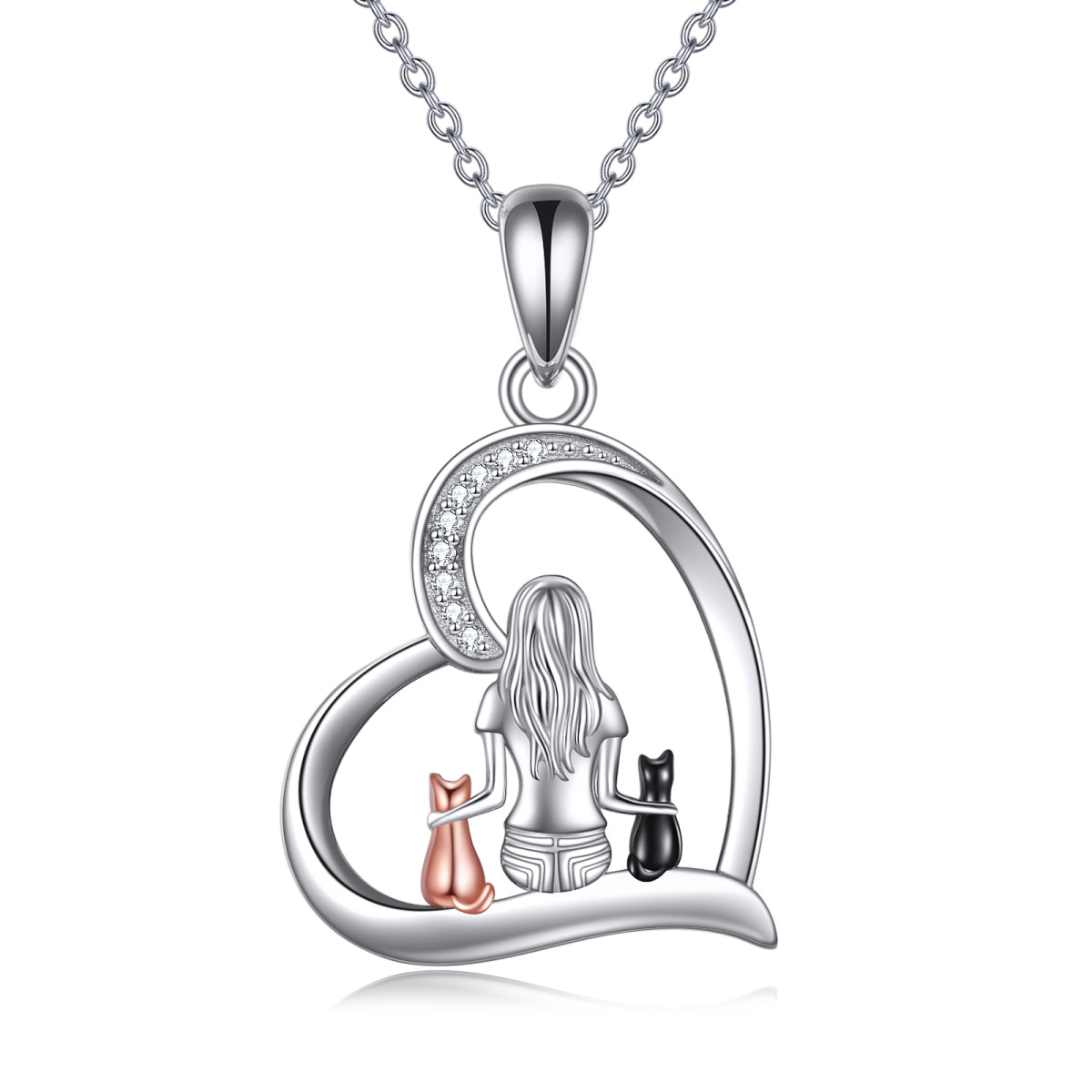 Sterling Silver Cubic Zirconia Cat & Girl Heart Pendant Necklace-1