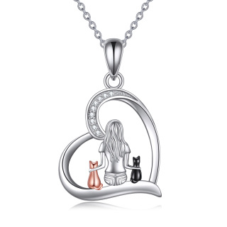 Sterling Silver Cubic Zirconia Cat & Girl Heart Pendant Necklace-2