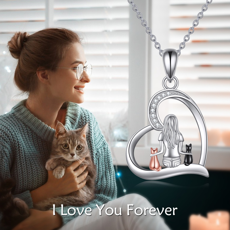Sterling Silver Cubic Zirconia Cat & Girl Heart Pendant Necklace-6