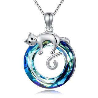 Sterling Silver Cat Hanging Blue Crystal Pendant Necklace-53