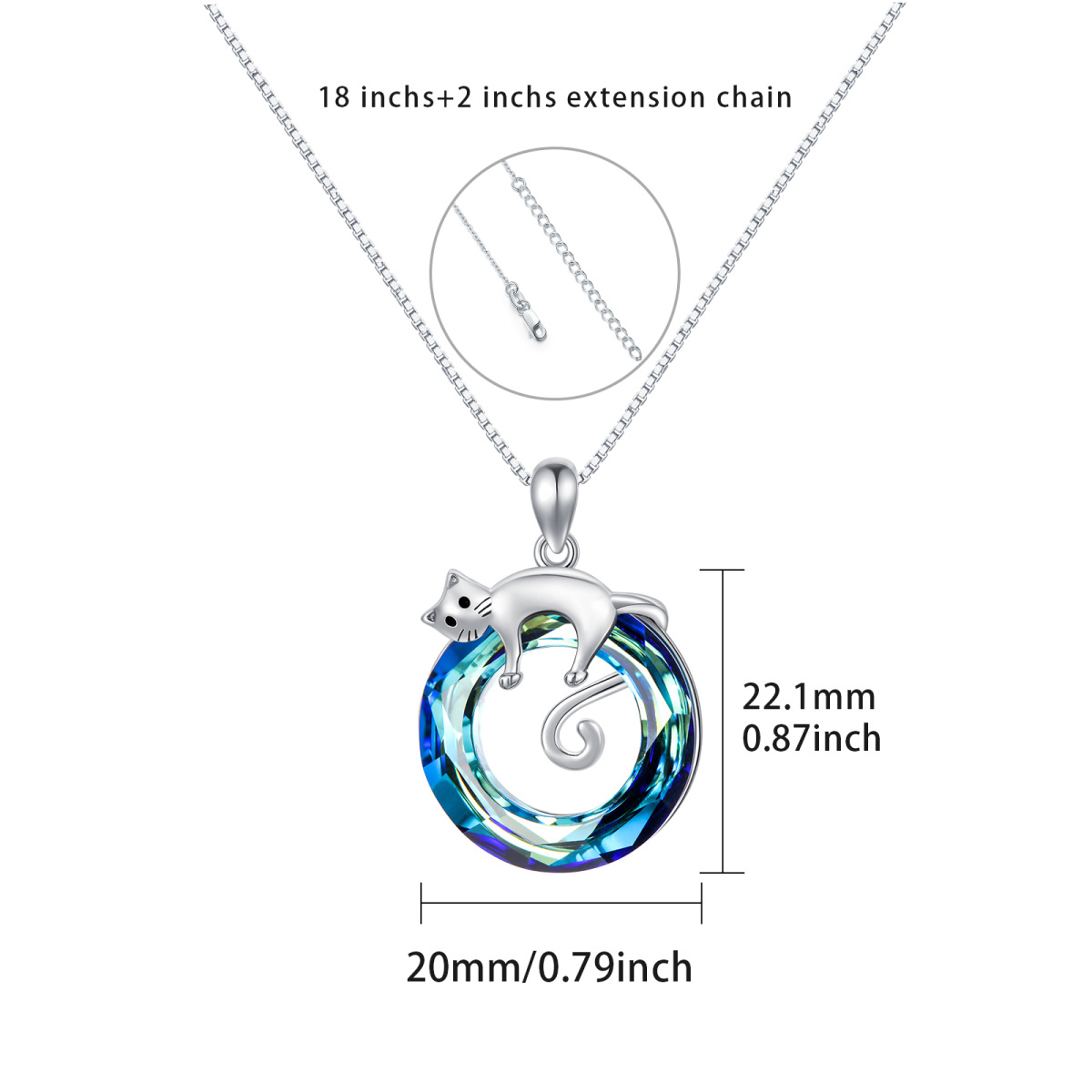 Collana con ciondolo in argento sterling con gatto appeso in cristallo blu-4