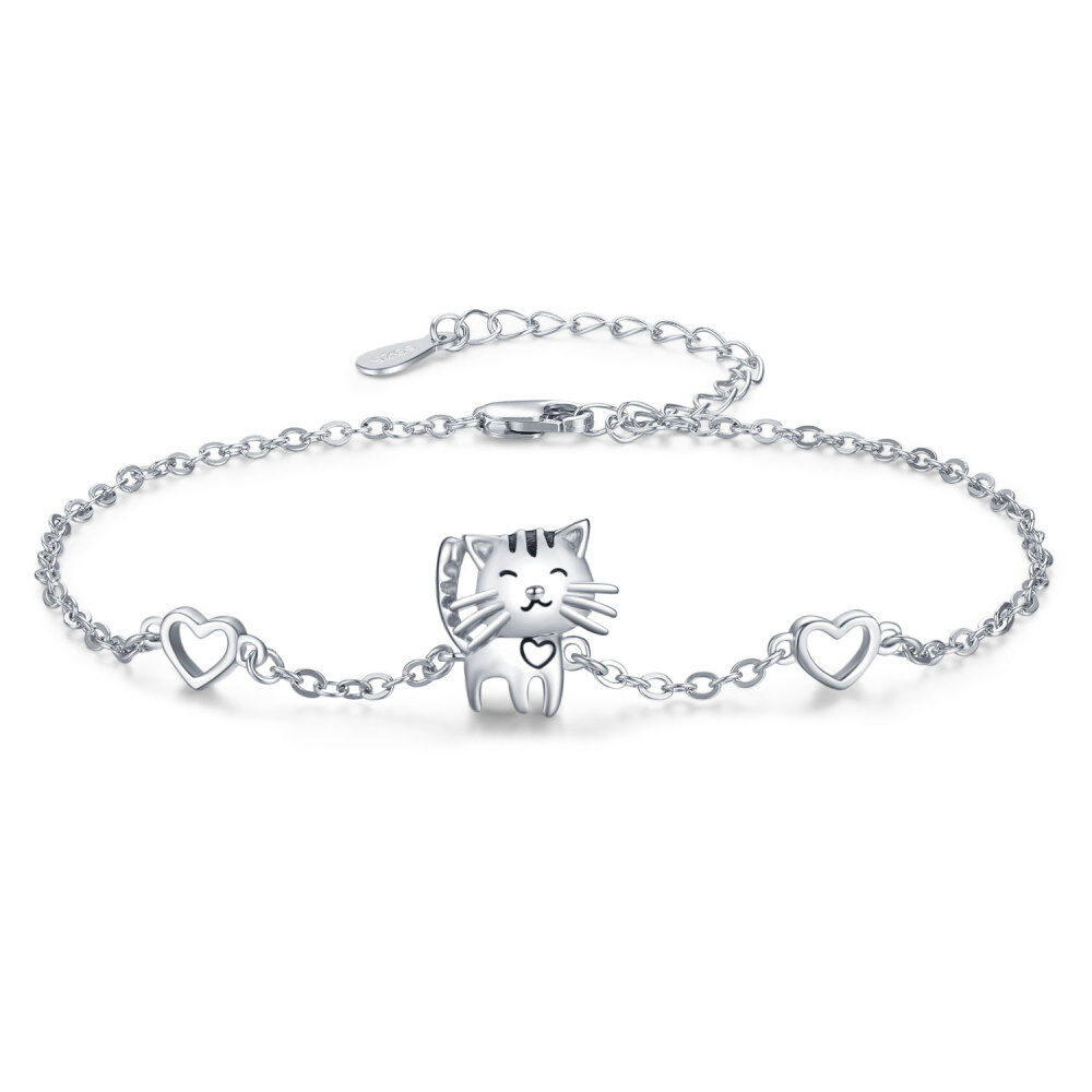 Sterling Silver Cat & Heart Charm Bracelet-1