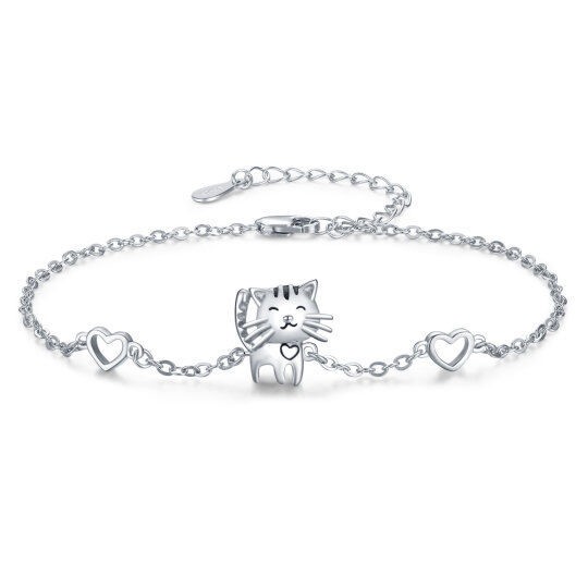 Bracciale con ciondolo a forma di gatto e cuore in argento sterling