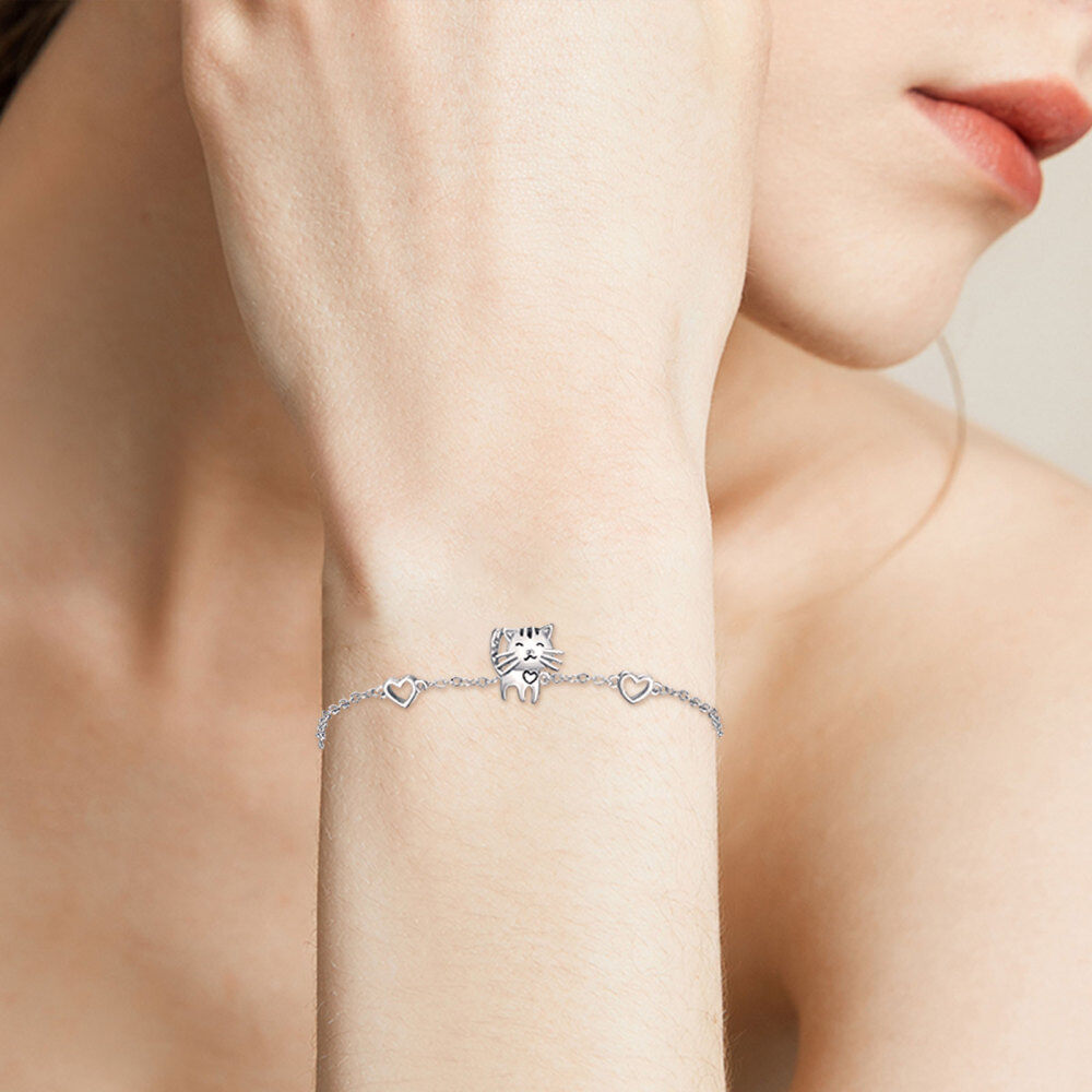 Sterling Silver Cat & Heart Charm Bracelet-2