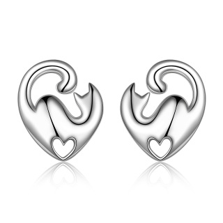 Sterling Silver Cat Heart Stud Earrings-9