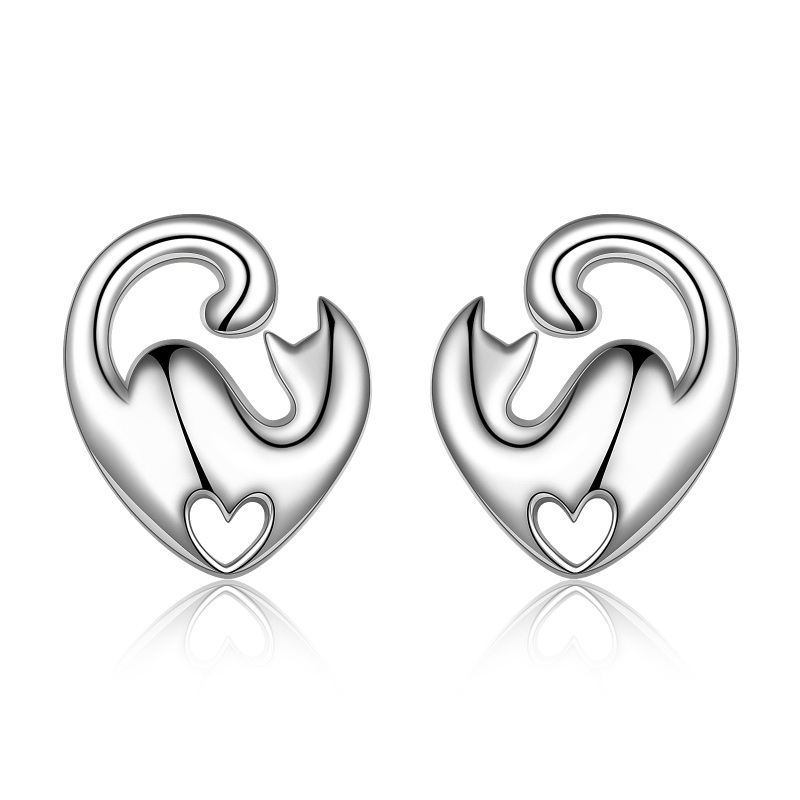 Srebrne kolczyki sztyfty z kocim sercem-2