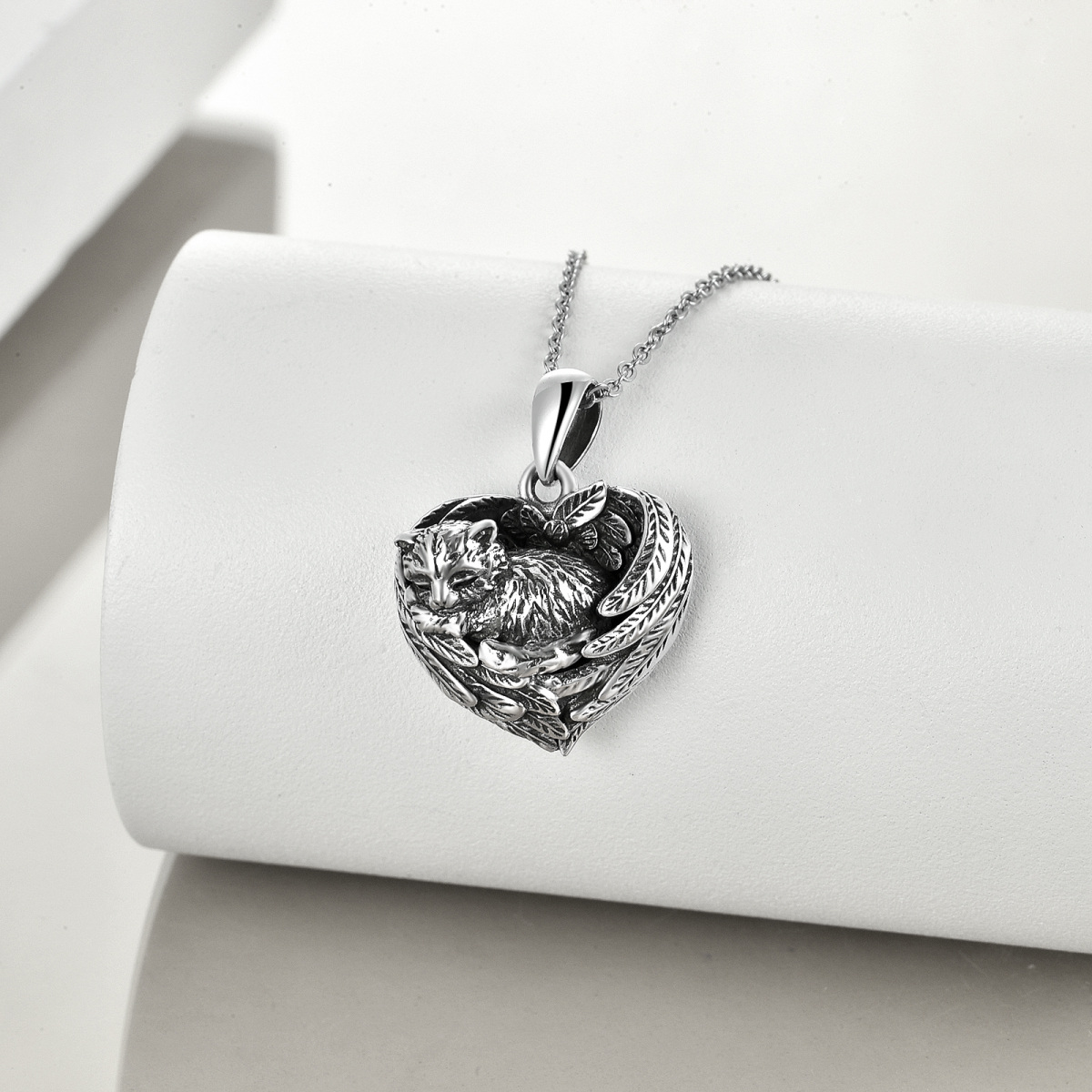 Sterling Silver Cat & Heart Urn Necklace for Ashes-3