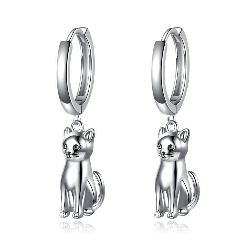 Sterling Silver Cat Hoop Earrings-1