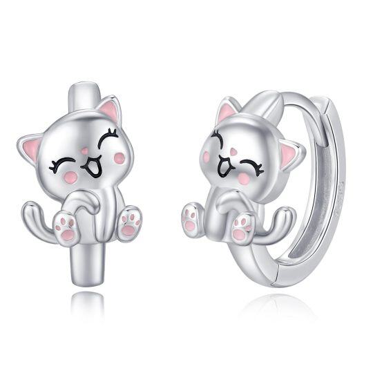 Pendientes de aro de plata de ley con diseño de gato y gatito para mujeres y niñas