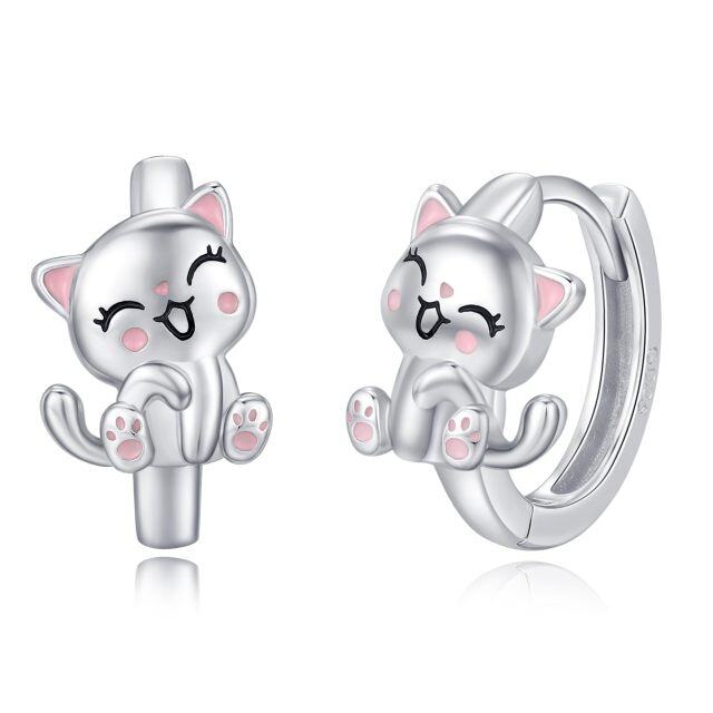 Pendientes de aro de plata de ley con diseño de gato y gatito para mujeres y niñas-1