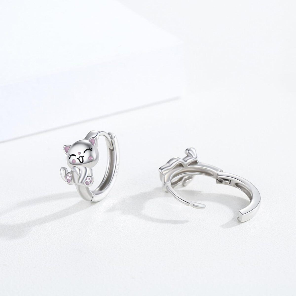 Pendientes de aro de plata de ley con diseño de gato y gatito para mujeres y niñas-5