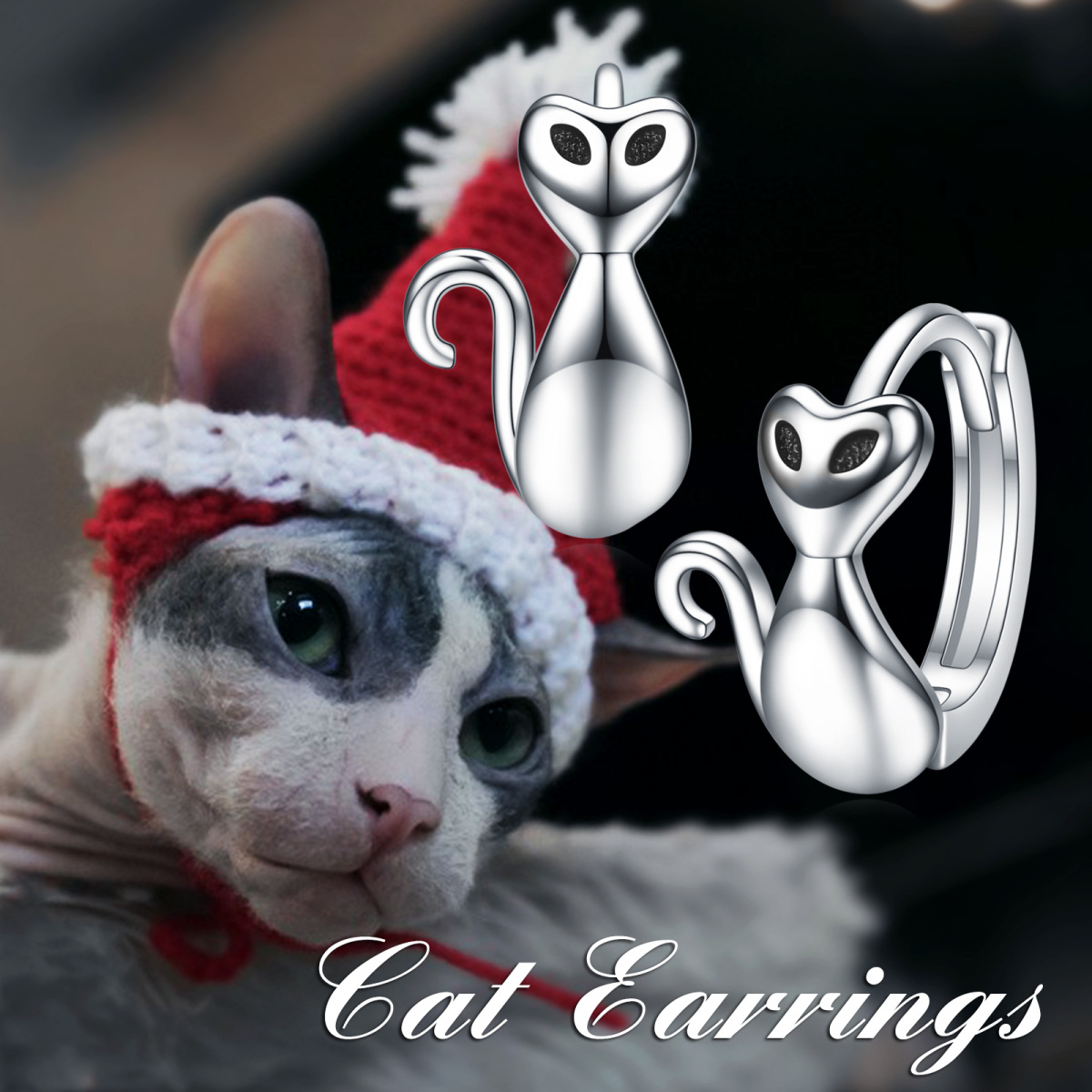 Sterling Silver Cat Lever-back Earrings-6