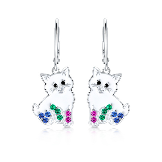 Sterling Silver Cubic Zirconia Cat Lever-back Earrings