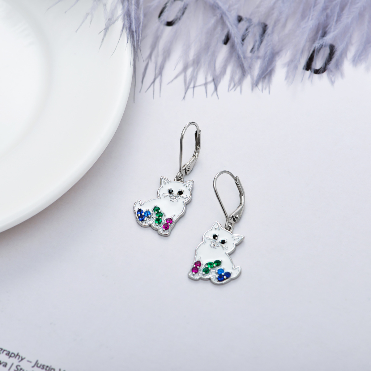 Sterling Silver Cubic Zirconia Cat Lever-back Earrings-4