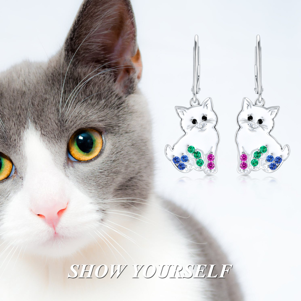 Sterling Silver Cubic Zirconia Cat Lever-back Earrings-6