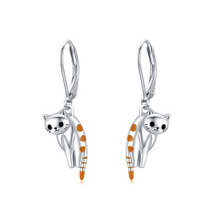 Sterling Silver Cat Lever-back Earrings-5