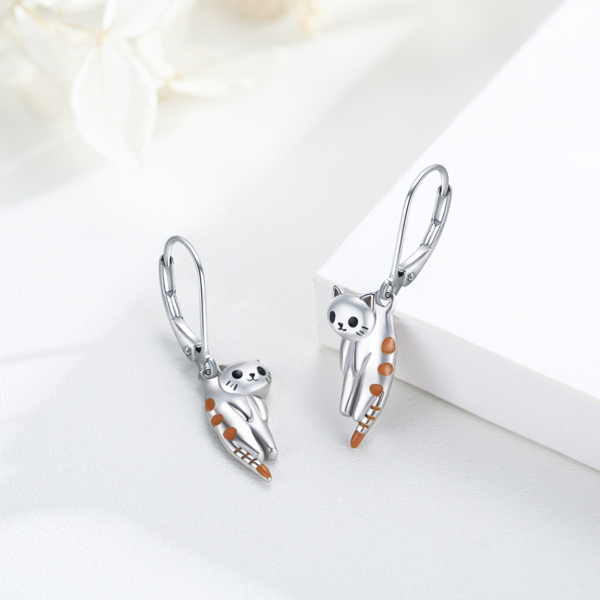 Sterling Silver Cat Lever-back Earrings-5