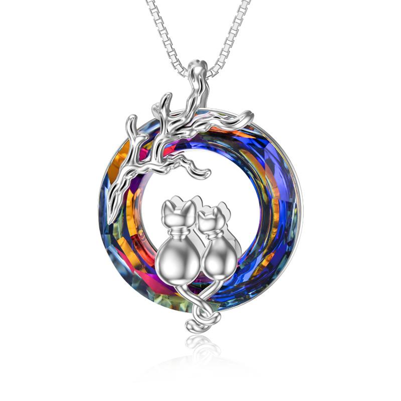 Sterling Silver Cat Lovers Purple Crystal Pendant Necklace-1