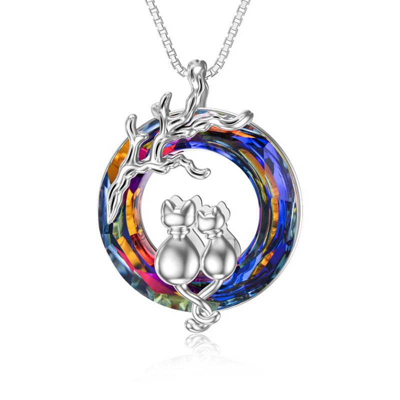 Sterling Silver Cat Lovers Purple Crystal Pendant Necklace-5