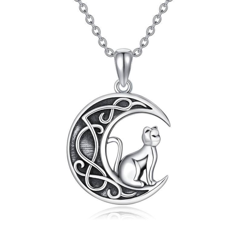 Collier pendentif chat lune en argent sterling-1