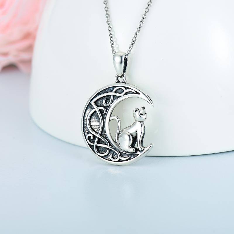 Sterling Silver Cat & Moon Pendant Necklace-3