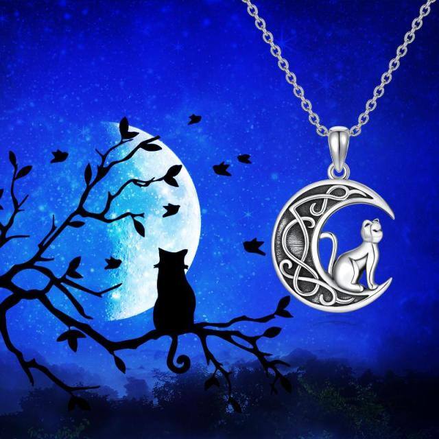 Sterling Silver Cat & Moon Pendant Necklace-6