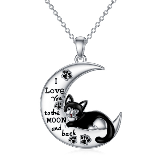 Collana con ciondolo a forma di gatto e luna in argento sterling