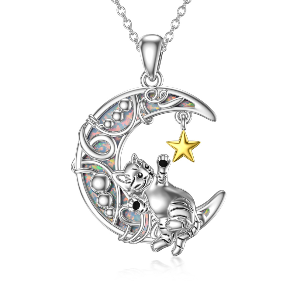 Colar com pingente de lua e estrela de gato em prata esterlina para mulheres-1