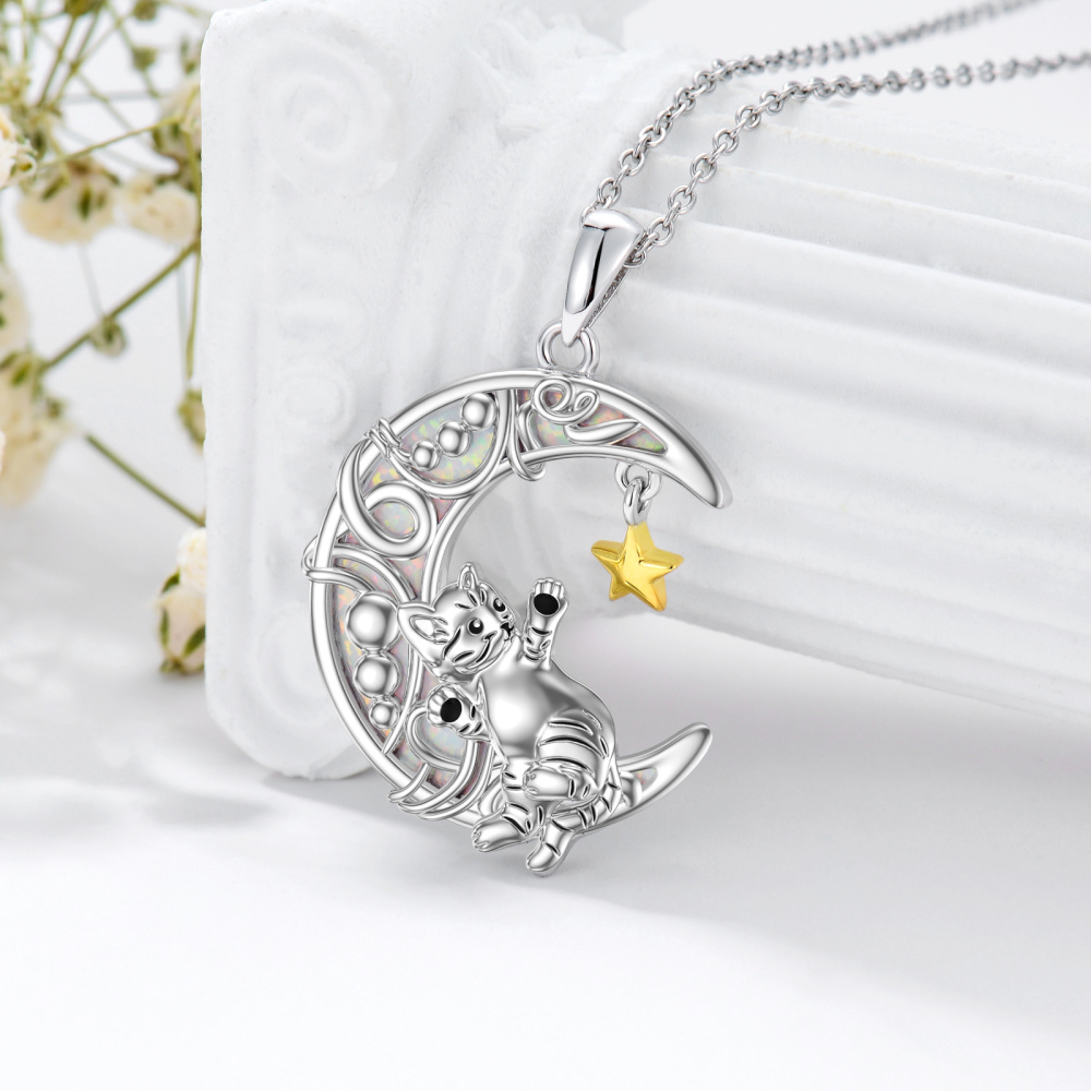Colar com pingente de lua e estrela de gato em prata esterlina para mulheres-4