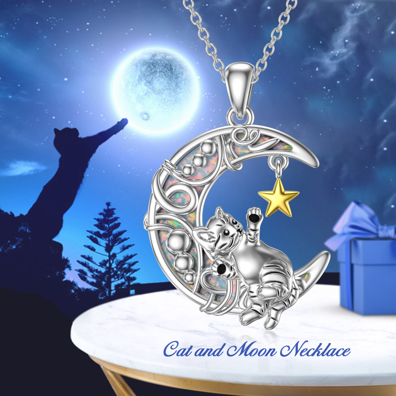 Sterling Silver Cat Moon And Star Pendant Necklace For Women-6