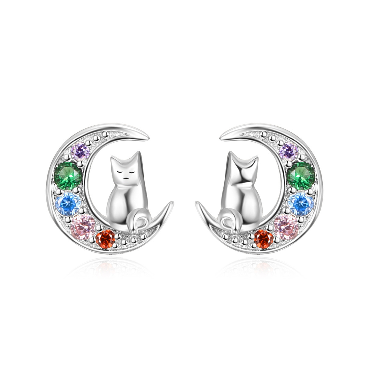 Sterling Silver Cubic Zirconia Cat & Moon Stud Earrings-1