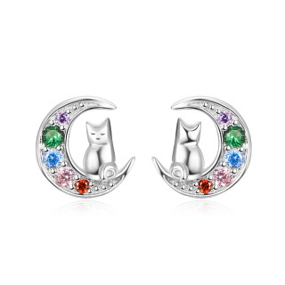 Sterling Silver Cubic Zirconia Cat & Moon Stud Earrings-31