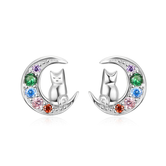 Sterling Silver Cubic Zirconia Cat & Moon Stud Earrings