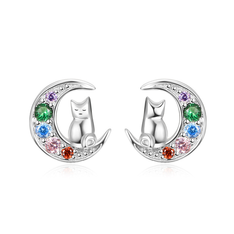 Sterling Silver Cubic Zirconia Cat & Moon Stud Earrings-15