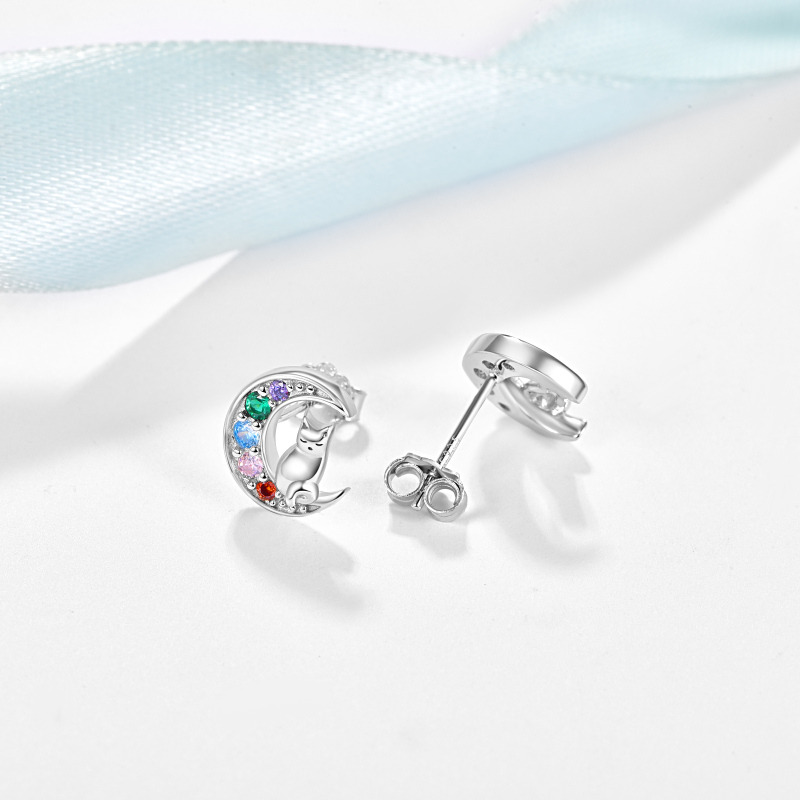 Sterling Silver Cubic Zirconia Cat & Moon Stud Earrings-5