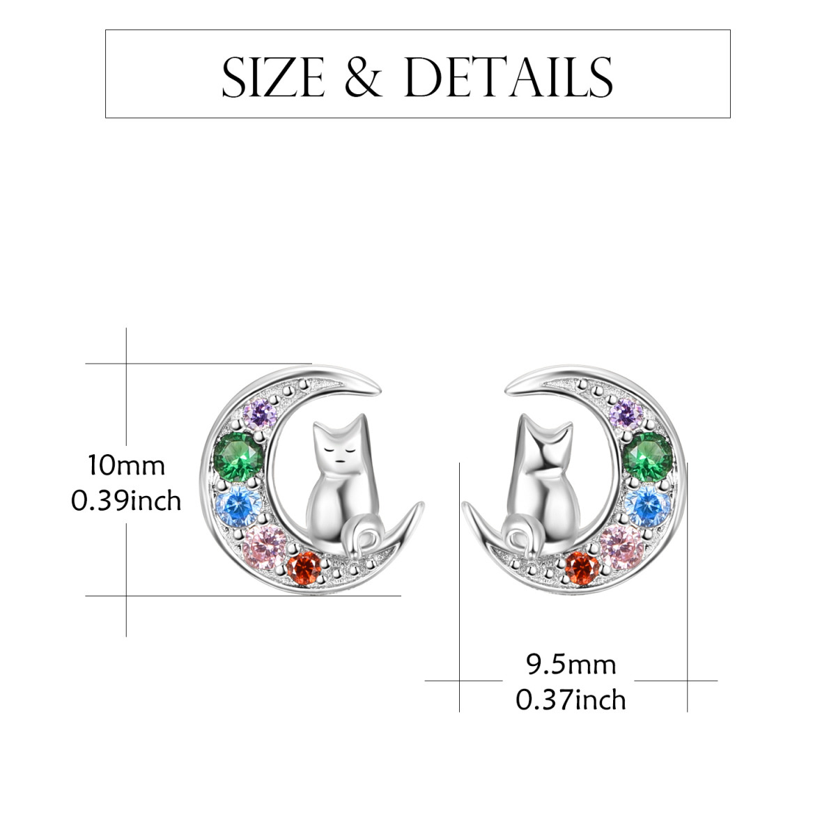 Sterling Silver Cubic Zirconia Cat & Moon Stud Earrings-6